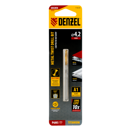 Сверло спиральное по металлу DENZEL 4,2 x 75 мм, Р6М5, Golden Tip