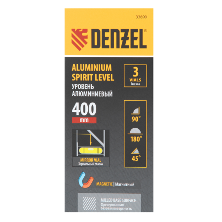 Уровень алюминиевый DENZEL магнит., фрезерованный, 3 глазка (1 зеркал.), 0,5 мм/м, 400 мм