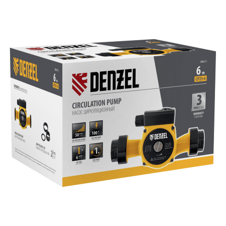 Циркуляционный насос DENZEL CP25-6, напор 6 м, 50 л/мин, 1 м кабель, монт. длина 180 мм