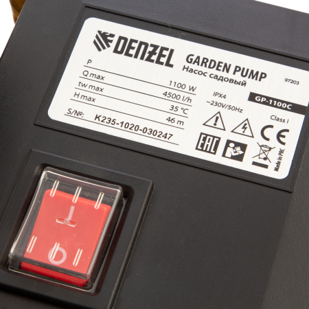 Насос садовый поверхностный DENZEL GP1100C, 1100 Вт, 4500 л/ч, высота подъема 46 м