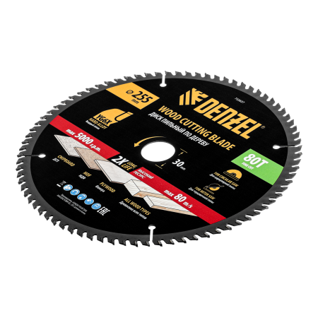 Пильный диск по дереву DENZEL ф255 х 30 мм, 80 зубьев