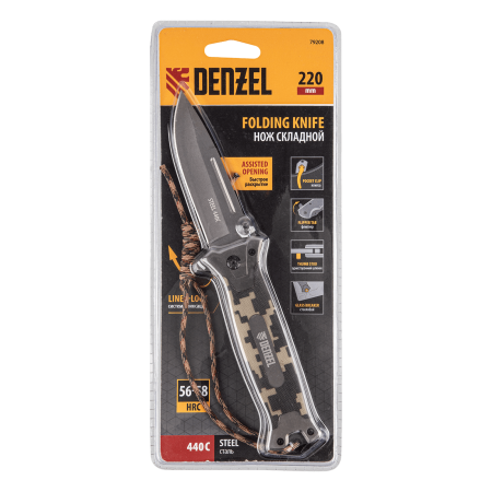 Нож складной DENZEL многоцелевой, системы Liner-Lock, с накладкой G10 на прямой рук-ке+стеклобой