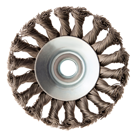 Щетка для УШМ DENZEL 746093, 100 мм, «тарелка», крученая нержавеющая проволока 0.5 мм, М14