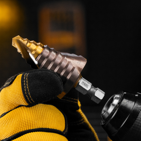 Сверло ступенчатое DENZEL, 9-12-15-18-21-24-27-30-33-36 мм, Р6М5К5, 6-гр. хвостовик