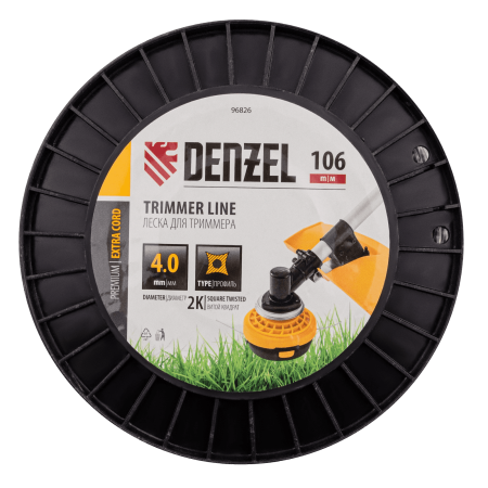 Леска для триммера DENZEL 96826 двухкомпонентная витой квадрат, 4,0мм х 106м, на DIN катушке EXTRA CORD