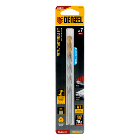 Сверло спиральное по металлу DENZEL 7,0 х 156 мм, Р6М5, Golden Tip, удлиненное