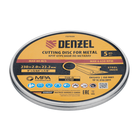 Круг отрезной по металлу DENZEL 230 х 2,0 х 22,2 мм, A36TBF, в метал.банке, 5 шт.