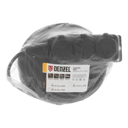 Удлинитель-шнур силовой Top Series DENZEL, КГТТ, 20 м, 3 розетки, 3 x 1,5 мм
