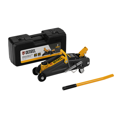 Домкрат гидравлический DENZEL подкатной с фиксатором, 2 т, 130-330 мм, в кейсе