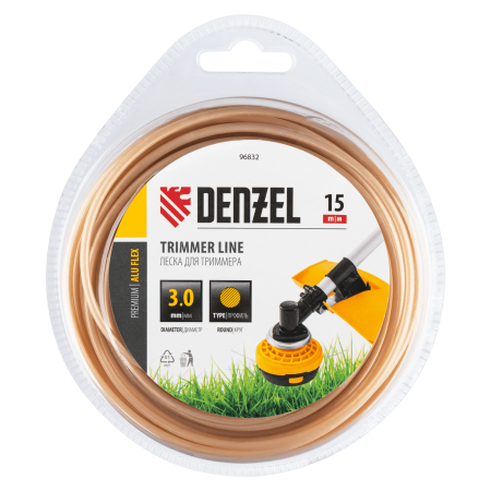 Леска для триммера DENZEL армированная алюминием круглая, 3,0мм х 15м, блистер ALUFLEX