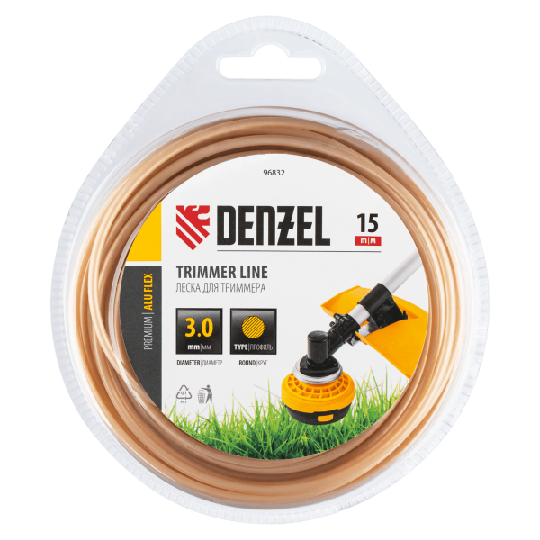Леска для триммера DENZEL армированная алюминием круглая, 3,0мм х 15м, блистер ALUFLEX
