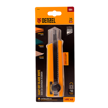 Нож DENZEL 25 мм, сменное лезвие, SK4, корпус из TPR, метал. направляющая, винтовой фиксатор