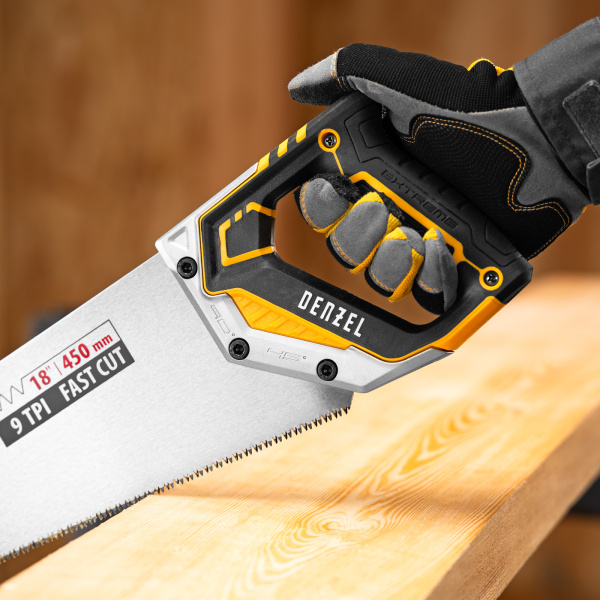 Ножовка по дереву DENZEL  450 мм, 9 TPI, зуб 3D, металлопластиковая рукоятка