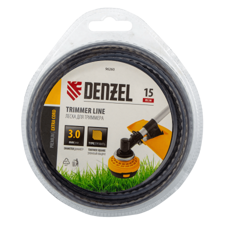 Леска для триммера DENZEL 96260 двухкомпонентная зубчатый квадрат, 3,0мм х 15м, блистер EXTRA CORD