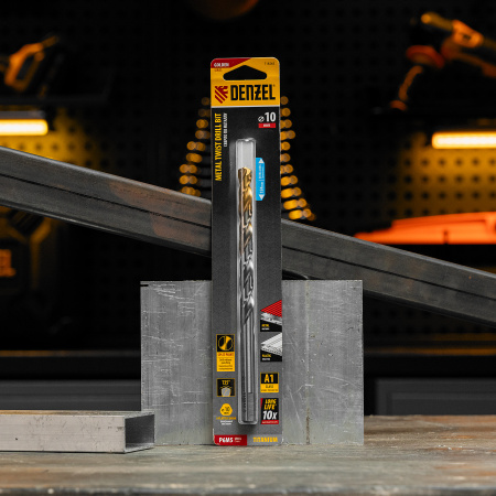 Сверло спиральное по металлу DENZEL 10 х 184 мм, Р6М5, Golden Tip, удлиненное