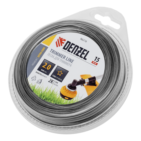 Леска для триммера DENZEL 96216 двухкомпонентная звезда, 2,0мм х 15м, FLEX CORD, DENZEL