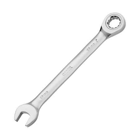 Ключ комбинированный трещоточный DENZEL, 15 мм, CrV, матовый хром