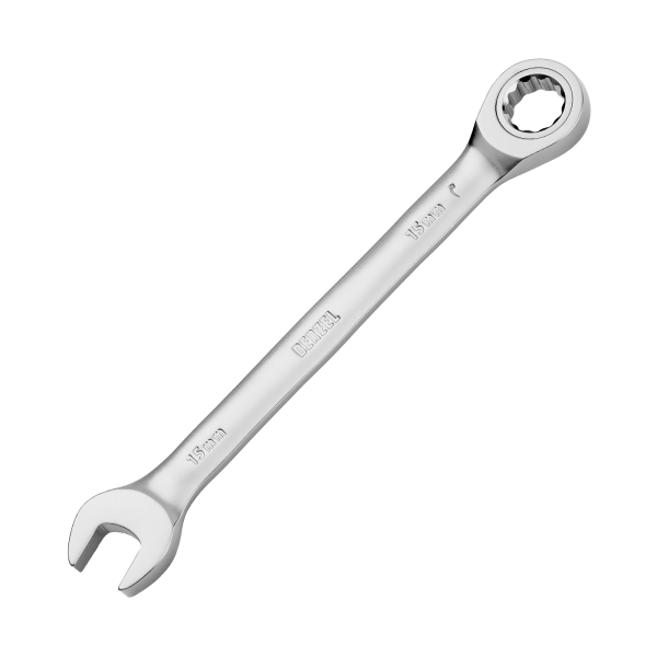 Ключ комбинированный трещоточный DENZEL, 15 мм, CrV, матовый хром