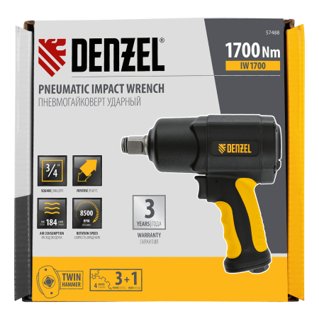 Ударный пневмогайковерт DENZEL IW1700, 3/4", 8500 об/мин, 1700 Нм