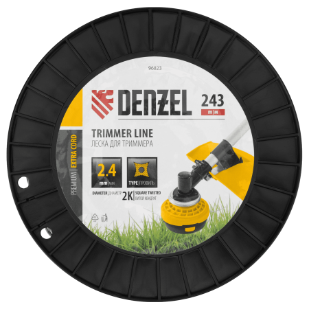 Леска для триммера DENZEL двухкомпонентная витой квадрат, 2,4мм х 243м, на DIN катушке EXTRA CORD