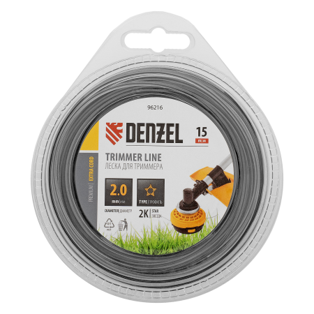 Леска для триммера DENZEL 96216 двухкомпонентная звезда, 2,0мм х 15м, FLEX CORD, DENZEL