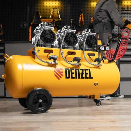 Компрессор безмасляный, малошумный DENZEL DLS 1800/100,1800 Вт, 3x600, 100 л, 345 л/мин