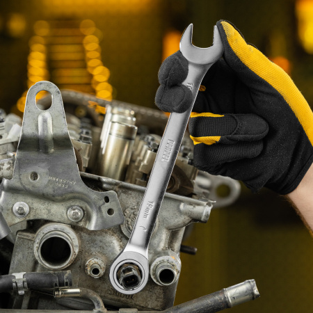 Ключ комбинированный трещоточный DENZEL, 19 мм, CrV, матовый хром