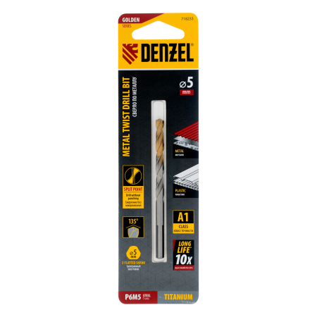 Сверло спиральное по металлу DENZEL 5 x 86 мм, Р6М5, Golden Tip