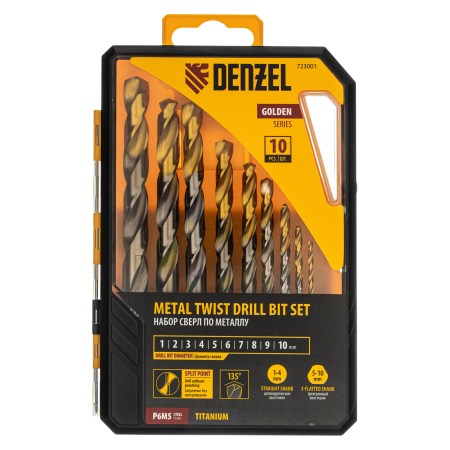 Набор сверл по металлу DENZEL, 1-10 мм, Р6М5-TiN, Golden Tip, 10 шт