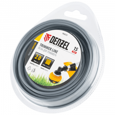 Леска для триммера DENZEL армированная алюминием квадратная, 2,0мм х 15м, блистер ALUFLEX