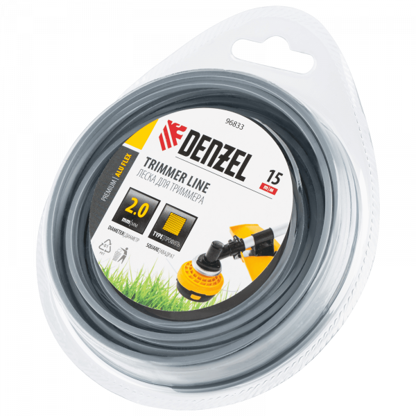 Леска для триммера DENZEL армированная алюминием квадратная, 2,0мм х 15м, блистер ALUFLEX