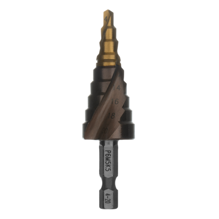Сверло ступенчатое DENZEL 4-6-8-10-12-14-16-18-20 мм, Р6М5К5, 6-гр. хвостовик
