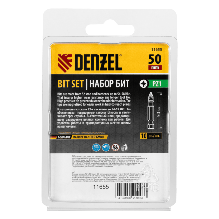 Бита DENZEL PZ1х50, сталь S2, шестигранный профиль, 10 шт. Е 6,3 Бита DENZEL PZ1х50, сталь S2, шестигранный профиль, 10 шт. Е 6,3