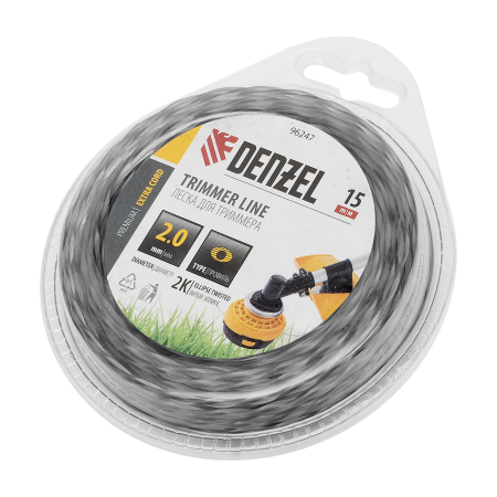 Леска для триммера DENZEL 96247 двухкомпонентная эллипс, 2,0мм х 15м, блистер EXTRA CORD