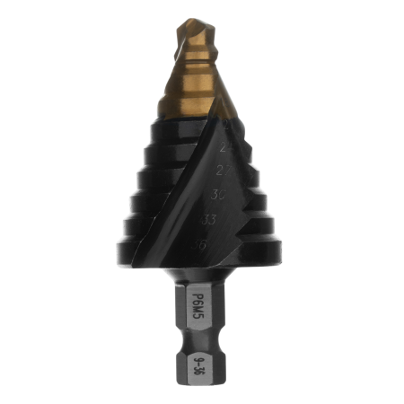 Сверло ступенчатое DENZEL, 9-12-15-18-21-24-27-30-33-36 мм, Р6М5, 6-гр. хвостовик