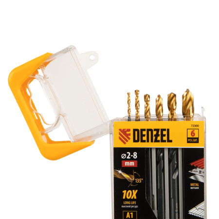 Набор сверл по металлу DENZEL 2-3-4-5-6-8 мм, HSS-Tin, Golden Tip, 6 шт