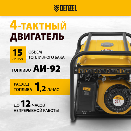 Генератор бензиновый DENZEL PS 28, 2.8 кВт, 230 В, 15 л, ручной старт