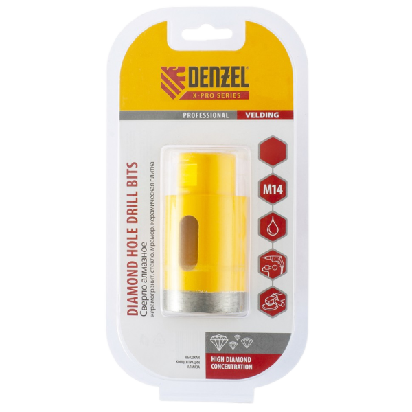 Сверло алмазное по керамограниту DENZEL 72694, 70 мм, М14, мокрая резка