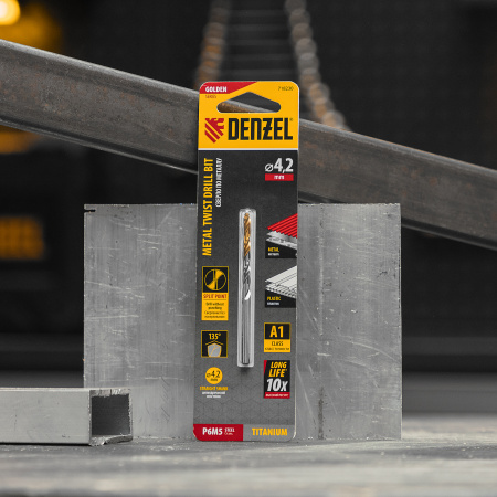 Сверло спиральное по металлу DENZEL 4,2 x 75 мм, Р6М5, Golden Tip