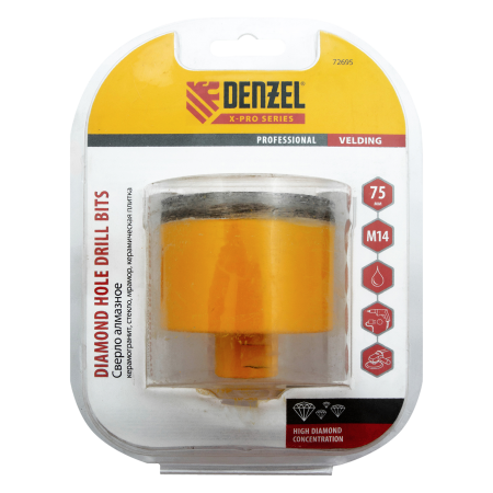 Сверло алмазное по керамограниту DENZEL 72695, 75 мм, М14, мокрая резка