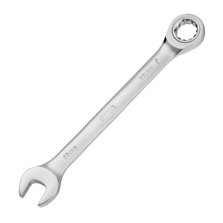 Ключ комбинированный трещоточный DENZEL, 19 мм, CrV, матовый хром