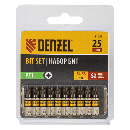Бита DENZEL PZ1х25, сталь S2, шестигранный профиль, 10 шт. Е 6,3