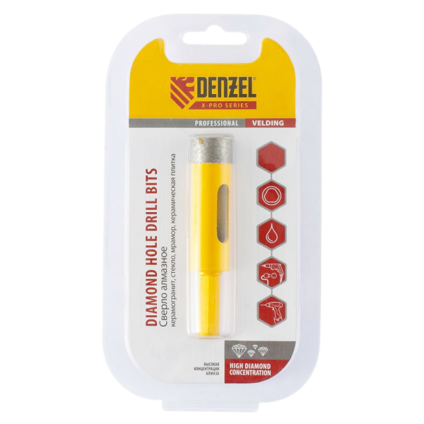 Сверло алмазное по керамограниту DENZEL 72679, 20 мм, мокрая резка, трехгранный хвостовик