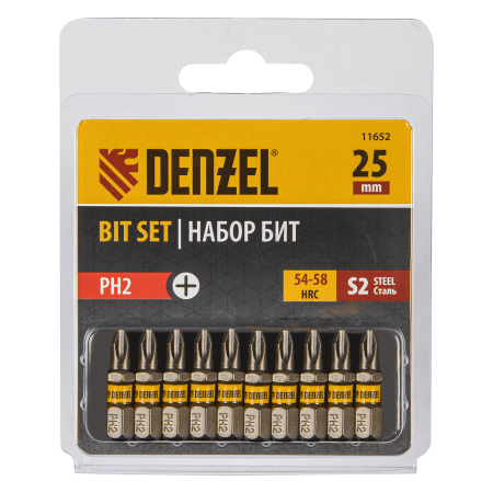 Бита DENZEL PH2х25, сталь S2, шестигранный профиль, 10 шт. Е 6,3