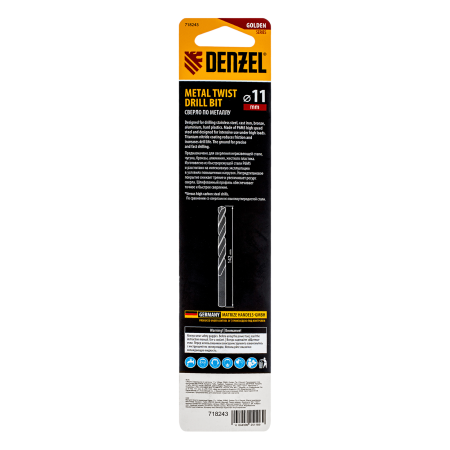 Сверло спиральное по металлу DENZEL 11 x 142 мм, Р6М5, Golden Tip 