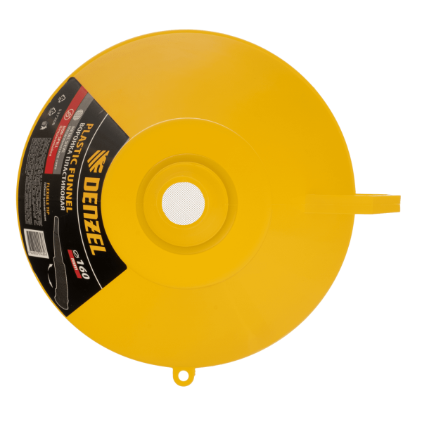 Воронка пластиковая DENZEL 160 мм с металлическим ситом, непроливайкой и гибким наконечником