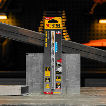 Сверло спиральное по металлу DENZEL 8,5 х 165 мм, Р6М5, Golden Tip, удлиненное