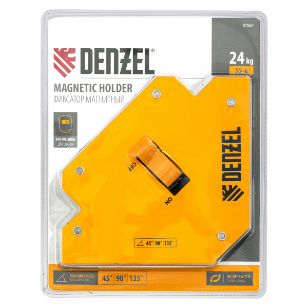 Фиксатор магнитный DENZEL отключаемый для сварочных работ усилие 55 LB, 45х90х135 град.