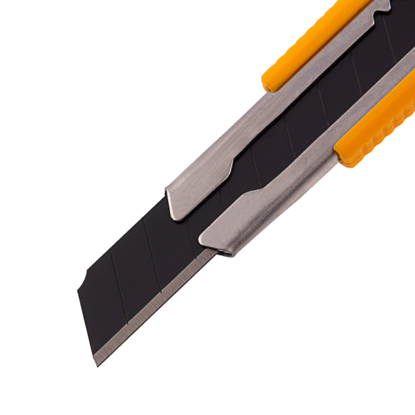 Нож DENZEL 9 мм, сменное лезвие, SK4, метал. направляющая, клипса, нажимной фиксатор