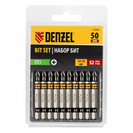 Бита DENZEL PZ1х50, сталь S2, шестигранный профиль, 10 шт. Е 6,3 Бита DENZEL PZ1х50, сталь S2, шестигранный профиль, 10 шт. Е 6,3